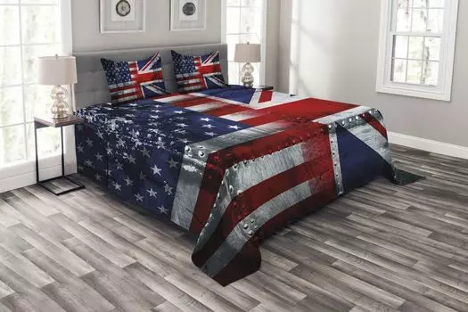 Комплект покрывала ABAKUHAUS Union Jack, Allianz Великобритания и США, комплект с моющимися наволочками, для односпальных кроватей 220 x 220 см, белый синий красный