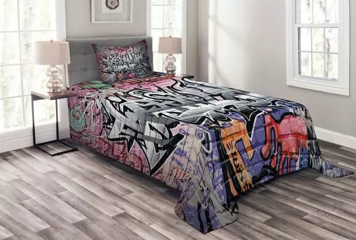Комплект покрывала ABAKUHAUS Urban, Wall Art в стиле граффити в стиле гранж, комплект с моющимися наволочками, для односпальных кроватей 170 x 220 см, разноцветный
