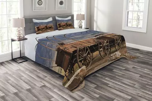 Комплект покрывала ABAKUHAUS Wagon Wheel, западный стиль, с моющимися наволочками, для односпальных кроватей 220 x 220 см, коричнево-белый
