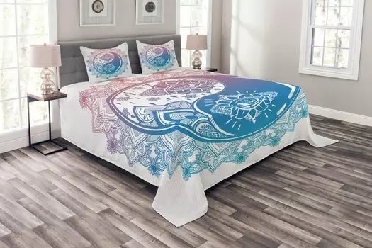 Комплект покрывала ABAKUHAUS Zen, Ying Yang Mandala Asian, комплект с моющимися наволочками, для односпальных кроватей 264 x 220 см, розовый синий