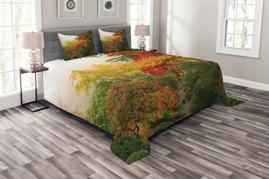Комплект покрывала Country ABAKUHAUS, Portland Japan Garden, комплект с моющимися наволочками, для односпальных кроватей 264 x 220 см, желтый, зеленый, красный