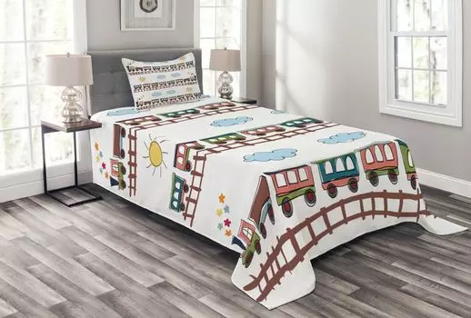 Комплект покрывала для детского сада ABAKUHAUS, следы мультяшного поезда, комплект с моющимися наволочками, для односпальных кроватей 170 x 220 см, разноцветный