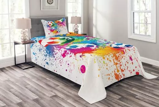 Комплект покрывала для футбола ABAKUHAUS, Colorful Splash Ball, комплект с моющимися наволочками, для односпальных кроватей 170 x 220 см, разноцветный