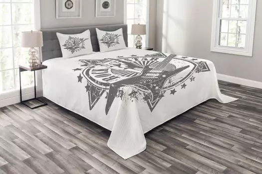 Комплект покрывала для гитары ABAKUHAUS, Rock Star Lifestyle, комплект с моющимися наволочками, для односпальных кроватей 220 x 220 см, бледно-серый белый