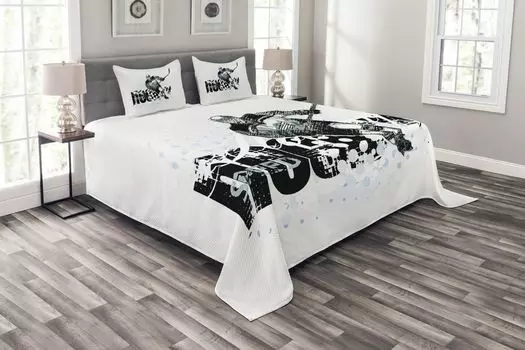 Комплект покрывала для хоккея с шайбой ABAKUHAUS, эскиз игрока в стиле гранж, комплект с моющимися наволочками, для односпальных кроватей 220 x 220 см, черный, белый, бледно-синий
