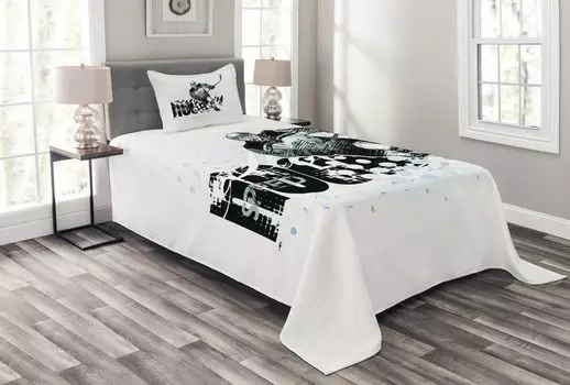 Комплект покрывала для хоккея с шайбой ABAKUHAUS, эскиз игрока в стиле гранж, комплект с моющимися наволочками, для односпальных кроватей 170 x 220 см, черный, белый, бледно-синий