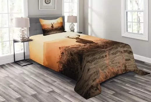Комплект покрывала для охоты ABAKUHAUS, Deer Morning Sun, комплект с моющимися наволочками, для односпальных кроватей 170 x 220 см, оранжево-коричневый