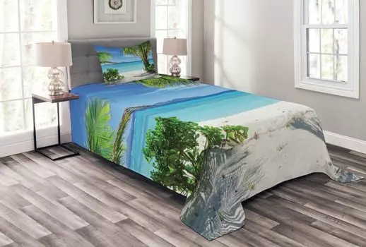 Комплект покрывала для пляжа ABAKUHAUS, Idyllic Oceanic Resort, комплект с моющимися наволочками, для односпальных кроватей 170 x 220 см, цвет Green Aqua Coconut