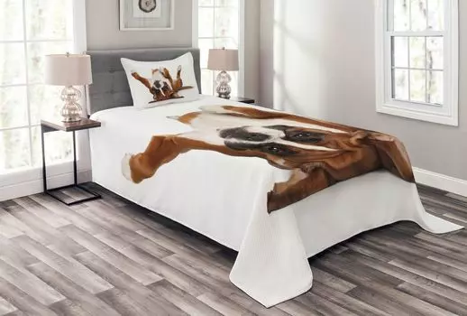 Комплект покрывала для собак ABAKUHAUS Boxer, картинка с забавным игривым щенком, комплект с моющимися наволочками, для односпальных кроватей 170 x 220 см, бледно-карамельный, темно-коричневый