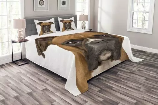 Комплект покрывала для собак ABAKUHAUS Boxer, вид спереди Pedigree Dog, комплект с моющимися наволочками, для односпальных кроватей 264 x 220 см, бледно-коричневый, темно-коричневый