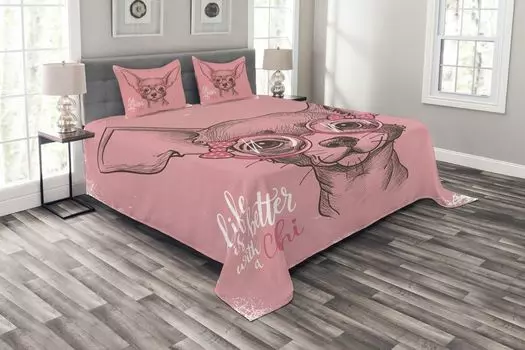 Комплект покрывала для собак ABAKUHAUS, слова для эскизов чихуахуа для девочек, комплект с моющимися наволочками, для односпальных кроватей, 264 x 220 см, армейский зеленый, светло-розовый