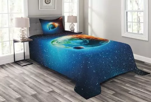 Комплект покрывала Earth от ABAKUHAUS, Galaxy Space Plays Astral, комплект с моющимися наволочками, для односпальных кроватей 170 x 220 см, черный оранжевый и синий