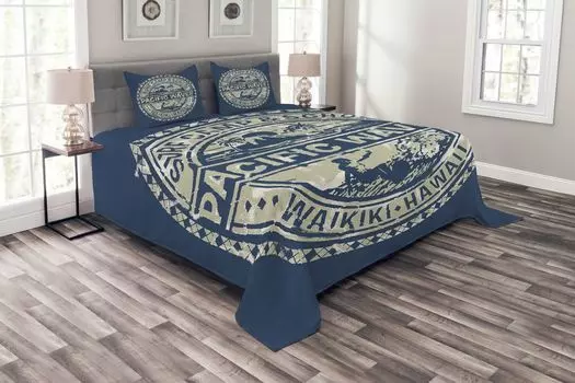 Комплект покрывала Holiday ABAKUHAUS, лагерь для серфинга Pacific Waves, комплект с моющимися наволочками, для односпальных кроватей 220 x 220 см, сланцево-синий хаки