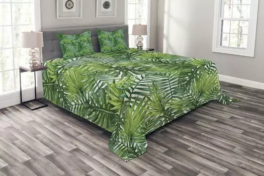 Комплект покрывала Leaf, акварельные листья ABAKUHAUS, комплект с моющимися наволочками, для односпальных кроватей 220 x 220 см, Светло-зеленый Темно-зеленый