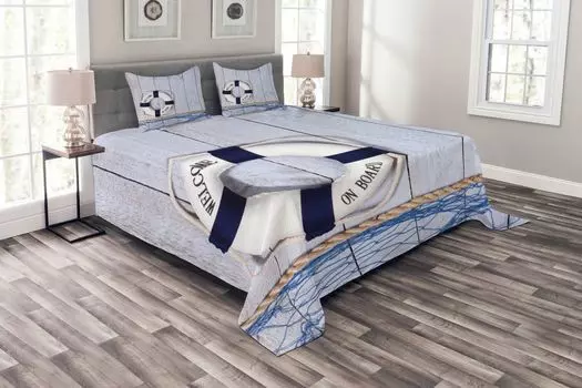 Комплект покрывала Marine ABAKUHAUS, Holiday Seaman Ocean, комплект с моющимися наволочками, для односпальных кроватей 264 x 220 см, кремово-серо-коричневый
