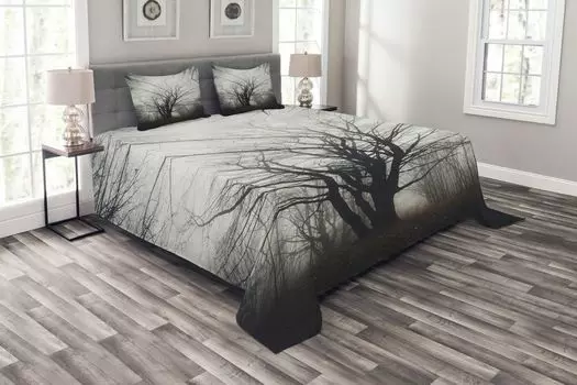 Комплект покрывала Natural ABAKUHAUS, «Осеннее дерево в темноте тумана», комплект с моющимися наволочками, для односпальных кроватей 220 x 220 см, серый