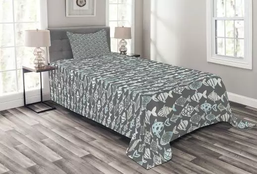 Комплект покрывала «рыбка» ABAKUHAUS, абстрактная тематика рыбалки, комплект с моющимися наволочками, для односпальных кроватей 170 x 220 см, нежно-голубой, белый, серый