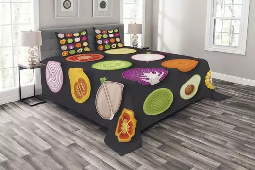 Комплект покрывала с овощами ABAKUHAUS, веганская диетическая кухня, комплект с моющимися наволочками, для односпальных кроватей 264 x 220 см, разноцветный