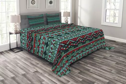 Комплект покрывала в племенном стиле ABAKUHAUS, ручной рисунок ацтеков, комплект с моющимися наволочками, для односпальных кроватей 264 x 220 см, красный, синий, бирюзовый