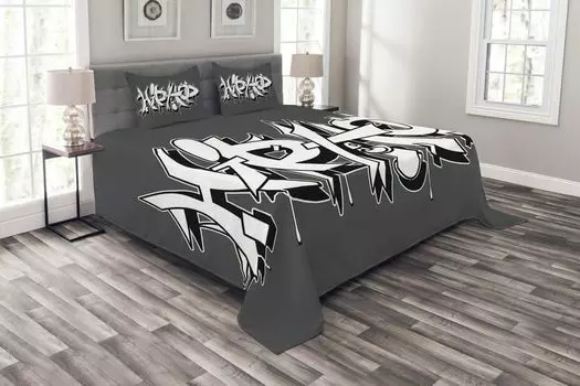 Комплект покрывала в стиле хип-хоп ABAKUHAUS, спрей Urban Graffiti, комплект с моющимися наволочками, для односпальных кроватей 264 x 220 см, черный, белый и серый