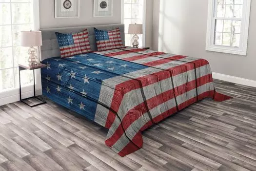 Комплект покрывала в стиле ретро ABAKUHAUS, американский флаг в стиле Worn, комплект с моющимися наволочками, для односпальных кроватей 220 x 220 см, светло-серый, синий, красный