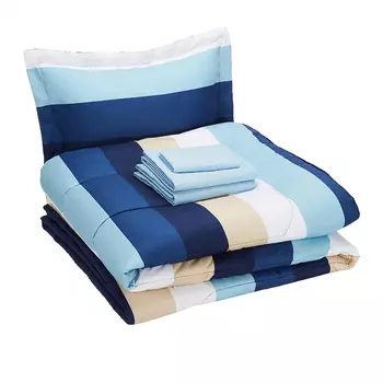 Комплект постельного белья Amazon Basics Twin/Twin, 5 предметов, синий/бежевый/белый