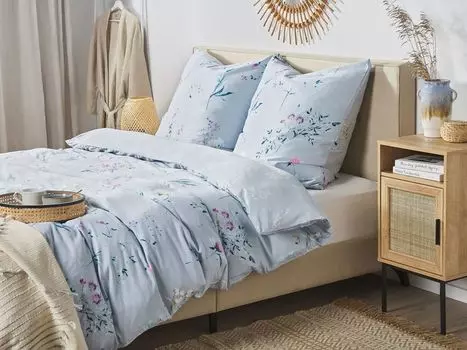 Комплект постельного белья BELIANI светло-голубой с цветочным узором, хлопковый сатин, комплект из 3 предметов комфортного размера для двуспальной кровати 220х240 см, 2 наволочки и пододеяльник