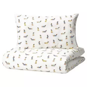 Комплект постельного белья для детской кроватки Ikea Dromslott Puppy, 2 предмета, 110x125/35x55см, белый/мультиколор