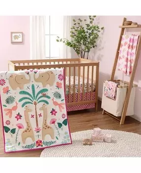 Комплект постельного белья для кроватки для девочек, Яркое Сафари, 5 предметов The Peanutshell, розовый