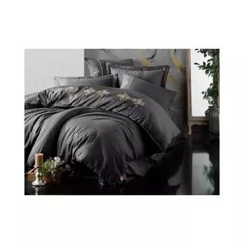 Комплект постельного белья Хлопковая коробка с вышивкой, атласный пододеяльник, двойной король, антрацит