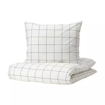 Комплект постельного белья Ikea Vitklover, 3 предмета, 240x220/80x80, белый/черный, клетка