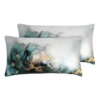 Комплект постельного белья из 100% хлопка Mako Satin | 2 наволочки 40х80см | Подол и молния золотистого цвета | Мраморный зеленый AYMANDO