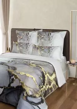 Комплект постельного белья из 100% хлопка Mako Satin | 1 пододеяльник 200х220см, 2 наволочки 80х80см | Подол и молния золотистого цвета | Мраморно-серый AYMANDO