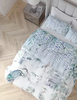 Комплект постельного белья из чистого хлопка и сатина с журавлями Marks & Spencer, синий микс