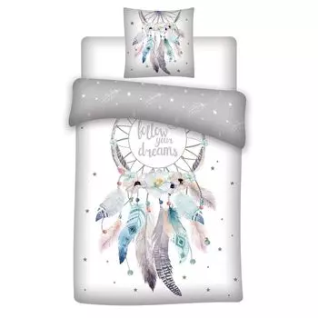 Комплект постельного белья «Ловец снов» 2 шт. Пододеяльник 135х200 для подростков 100% хлопок с цветами и перьями серый Aymax