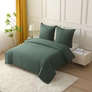 Комплект постельного белья оквиш 3 шт., пододеяльник с наволочкой, однотонный мягкий премиум, 1 предмет 240х220 см с 2 наволочками 80х80 см, темно-зеленый OKWISH