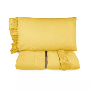 Комплект постельного белья с пододеяльником StoneWash из хлопка с льняными рюшами - Флорида Lisola, горчица
