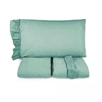 Комплект постельного белья с пододеяльником StoneWash из хлопка с льняными рюшами - Флорида Lisola, зеленый