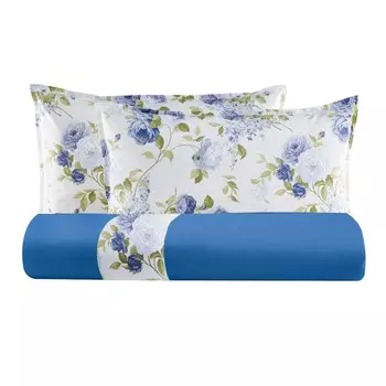 Комплект постельного белья с пододеяльником из хлопковой фланели с рюшами из перкаля - Sanderson Lisola, синий/слоновая кость