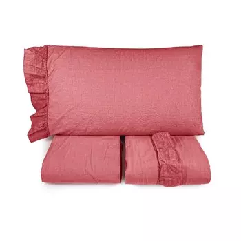 Комплект постельного белья с пододеяльником StoneWash из хлопка с льняными рюшами - Флорида Lisola, малина