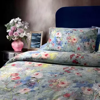 Комплект постельного белья с пододеяльником из хлопкового атласа - акварель Lisola, синий, двуспальный