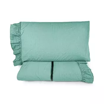 Комплект постельного белья с простынью из хлопка StoneWashed с льняной оборкой - Флорида Lisola, зеленый