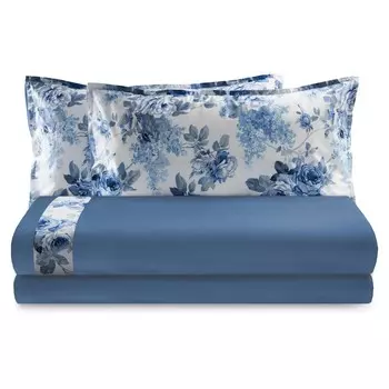 Комплект постельного белья с простынью из хлопковой фланели с рюшами из перкаля - Sanderson Lisola, синий/белый