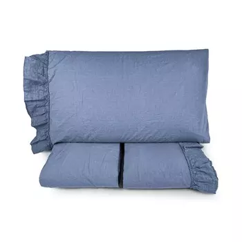 Комплект постельного белья с простынью из хлопка StoneWashed с льняной оборкой - Флорида Lisola, синий