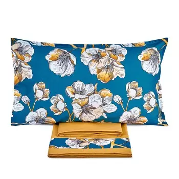 Комплект постельного белья с простынью из хлопкового перкаля с атласной каймой - Ninfa Lisola, октаний/золото, полуторный