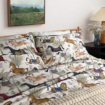 Комплект постельного белья с простынью из хлопкового атласа с рисунком - Макс. Lisola, крем