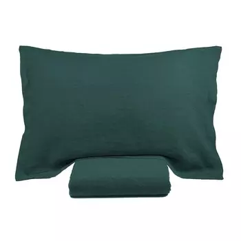 Комплект постельного белья с простынью из чистого льна StoneWashed без глажки - люкс Lisola Stone, изумруд, односпальный