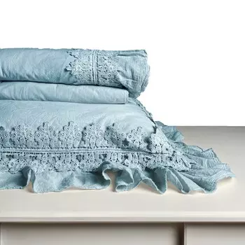 Комплект постельного белья с простынью из хлопка с эффектом потертости, галеттой и кружевом - Ophelia Lisola, бирюзовый