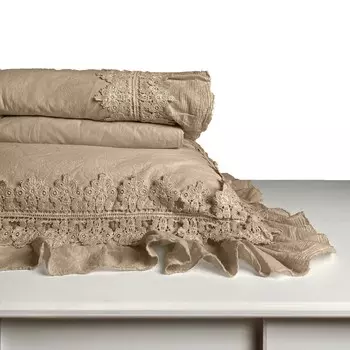 Комплект постельного белья с простынью из хлопка с эффектом потертости, галеттой и кружевом - Ophelia Lisola, горлинка
