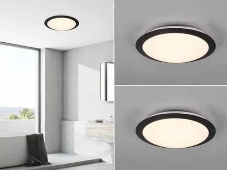 Комплект потолочных светодиодных светильников черного цвета диаметром 29 см для ванной комнаты, гостевого туалета и душевых комнат. TRIO